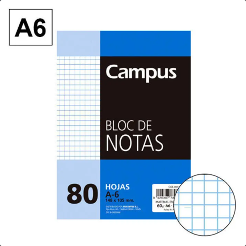 Bloc de Notas Microperforada Campus A6 80 Hojas Cuadriculado,pack 10 uds