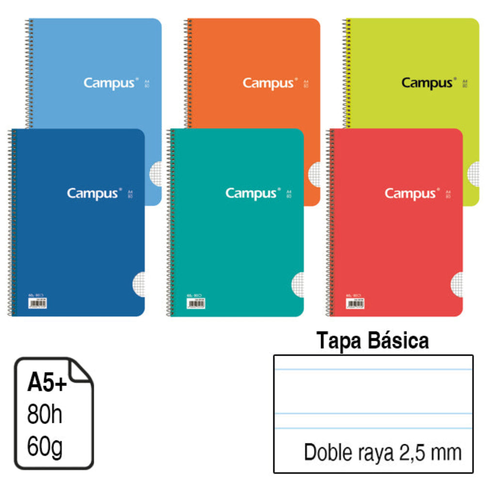 Cuaderno Campus A5 2 Raya 2.5mm Tapa basica - pack de 6 uds en Colores Surtidos