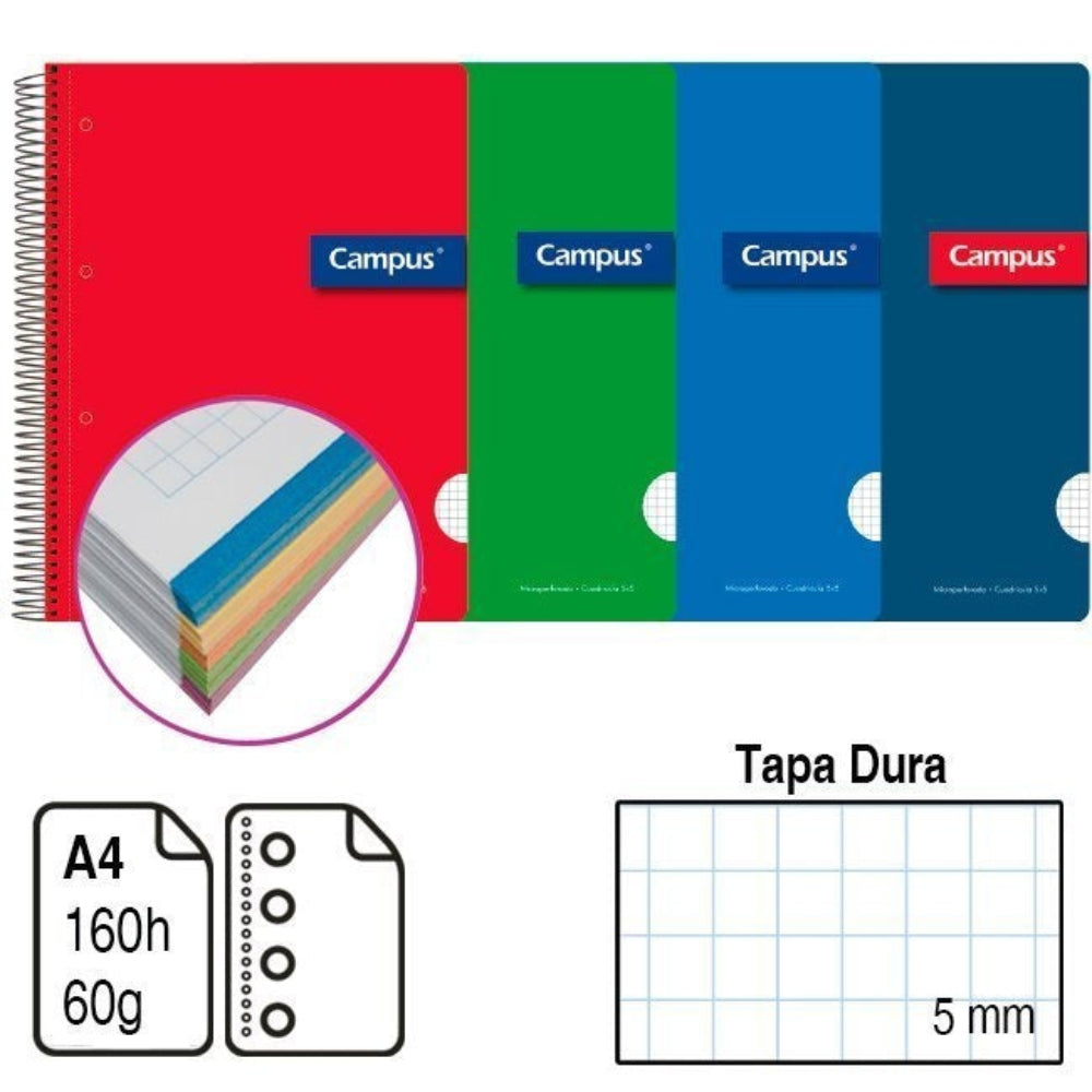Cuaderno Campus A4 Espiral Tapa extradura CN5mm,microperforada,160 hojas,60g pack de 4uds