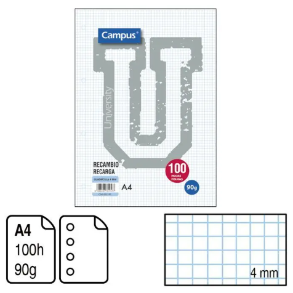 CAMPUS REFILL A4 100 SHEETS 90GSM 4 HOLES 4MM SQUARES
