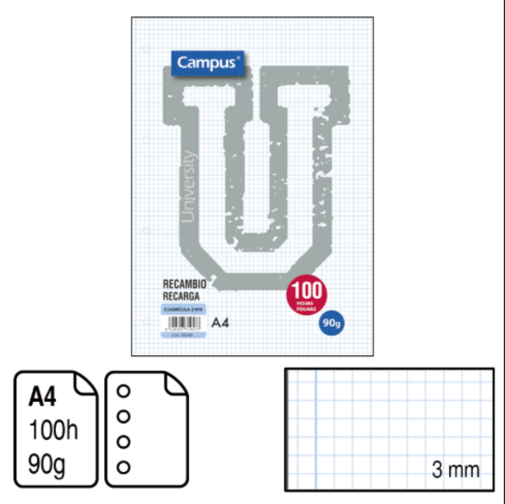 Campus Refill. Size: A4. 100 Sheets. 90 gsm. 4 Holes. 3 mm Grid ruling. No colored band.
