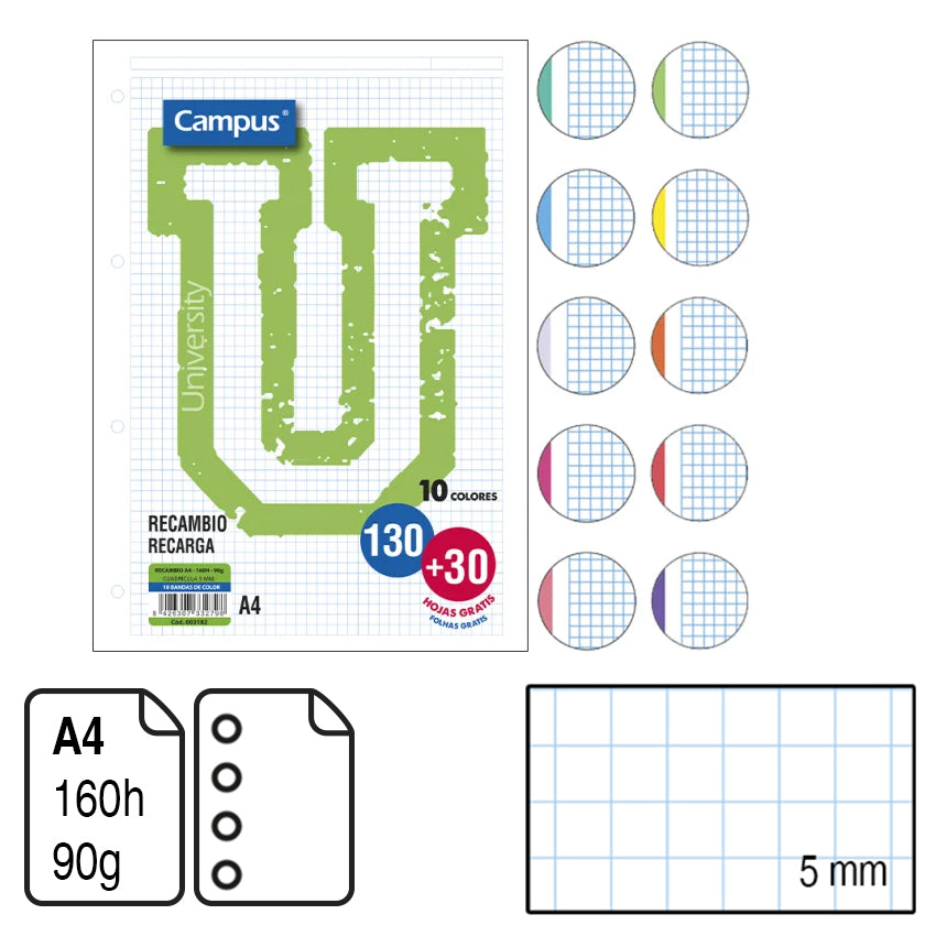 Campus Quad Ruled Refill Pad 130+30 sheets with 10 vibrant colored bands, pack of 5 units