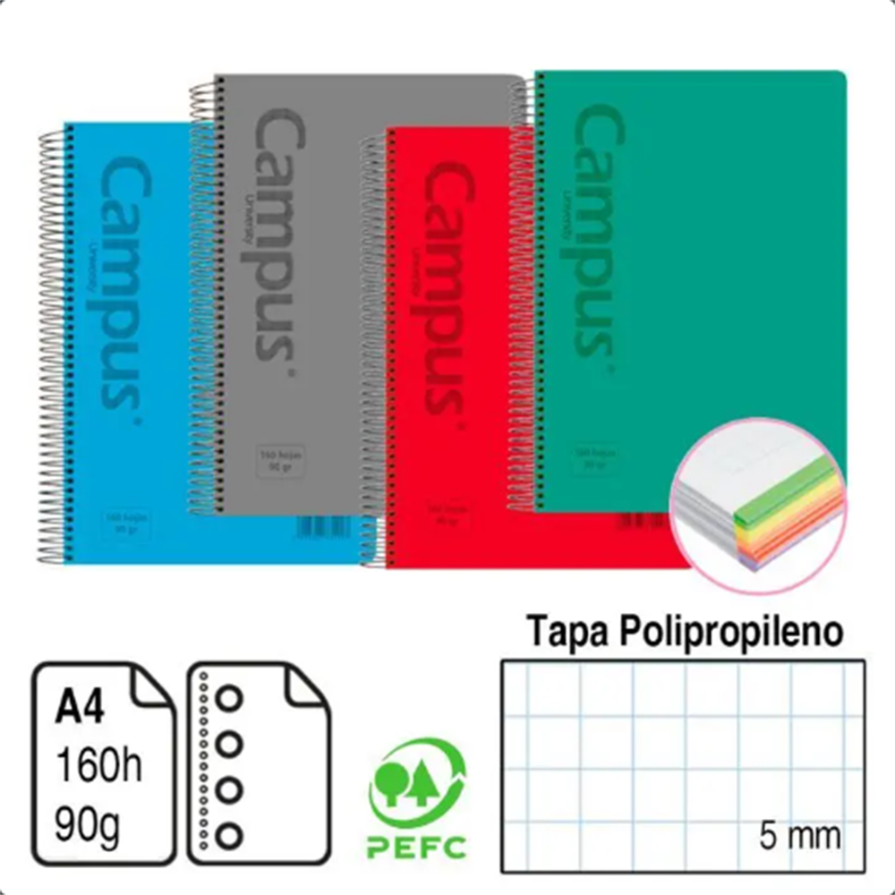 Cuaderno Campus A4 Cuadricula 5mm 160 Hojas,mocroperforada con banda de color,pack de 4 uds
