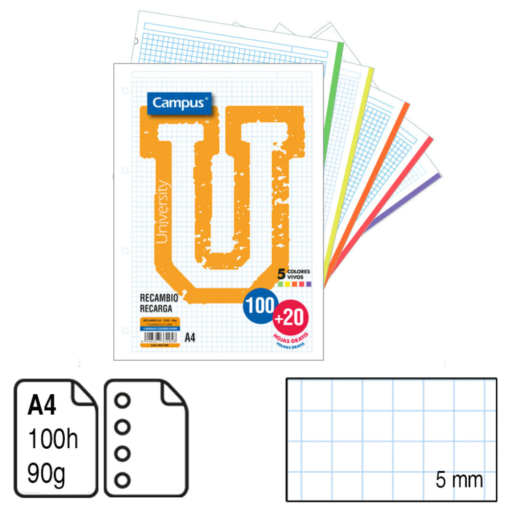 Recambio Campus A4 con banda de 5 color 100+20 hojas,pack de 5 paquetes