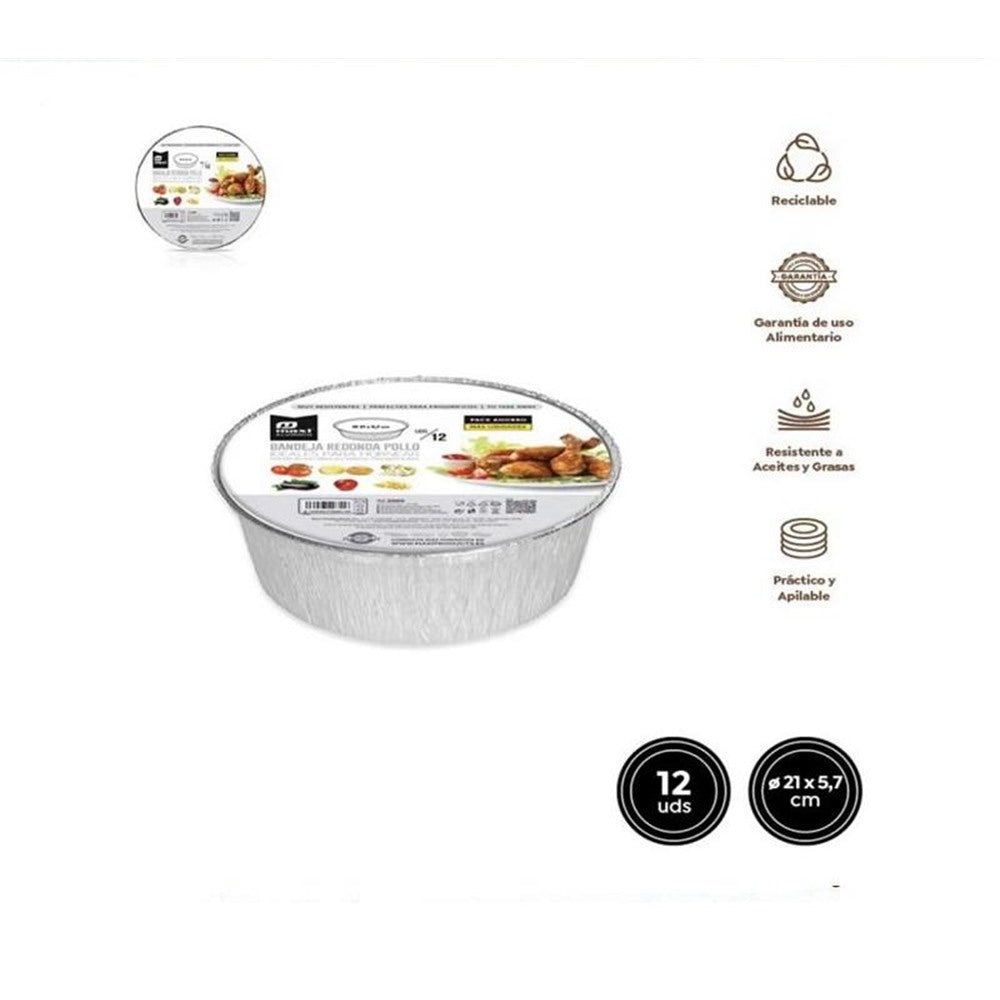 Set 12 Bandejas Redondas de Aluminio para Pollo con tapa de carton ,21x5.7cm