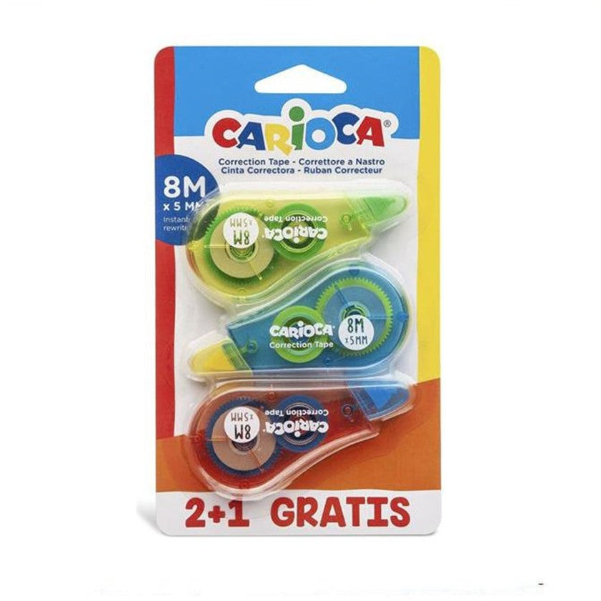 Blíster de 3 Correctores de Cinta CARIOCA 8 m x 5 mm (Pack 2+1)