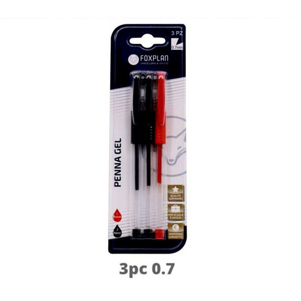 Blister de 3 Bolígrafos de Gel Foxplan Negro y Rojo (pack de 4 blister o12 blister)