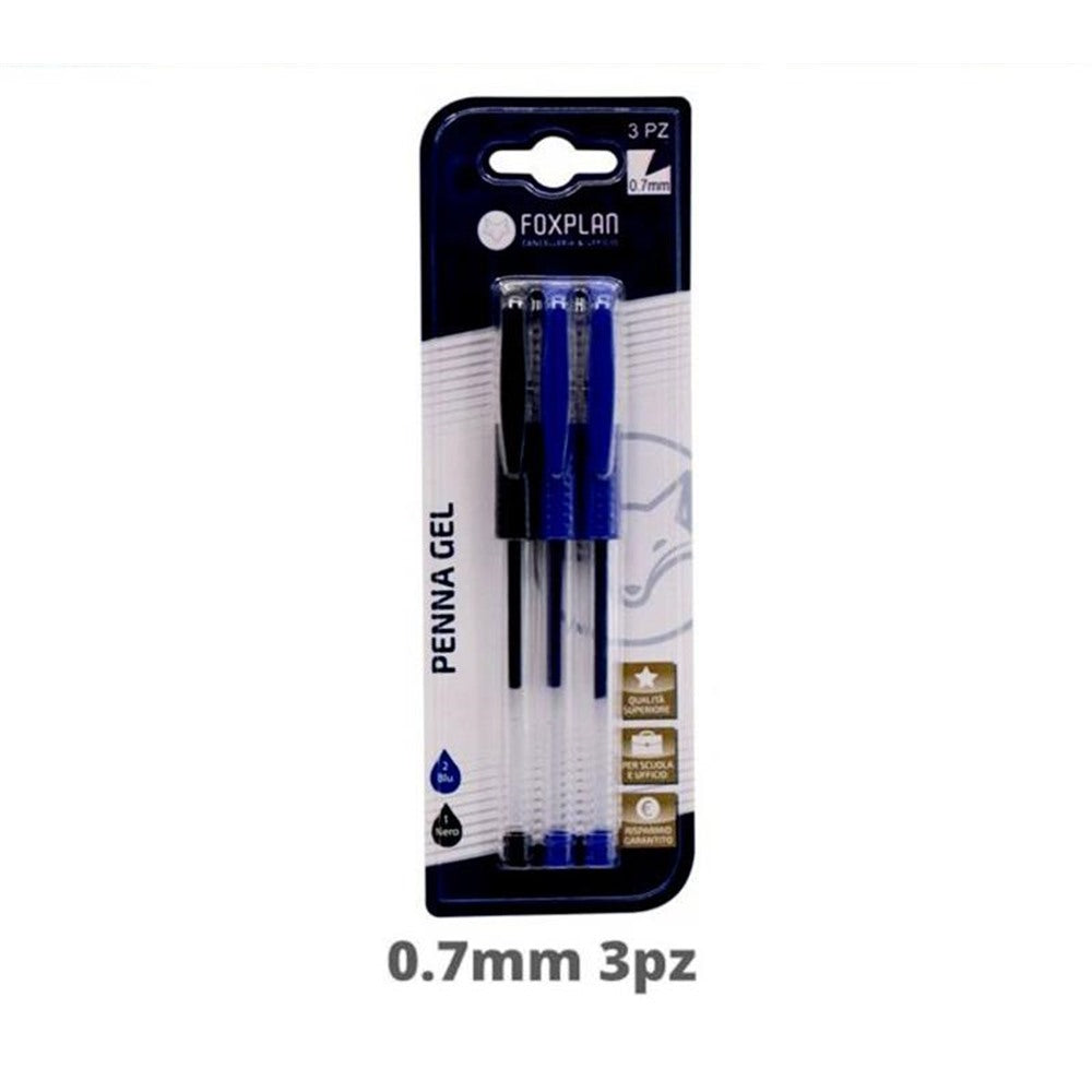 Blister de 3 Bolígrafos de Gel Foxplan Azul y Negro (pack de 4 blister o caja de 12 blister)