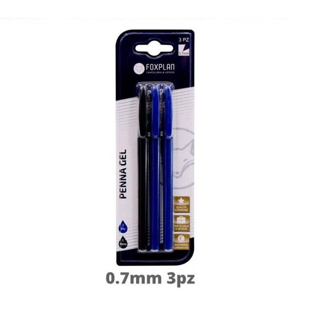 Blister pack of 3 Foxplan Black and Blue Gel Pens (pack of 3 blister packs or box of 12 blister packs)