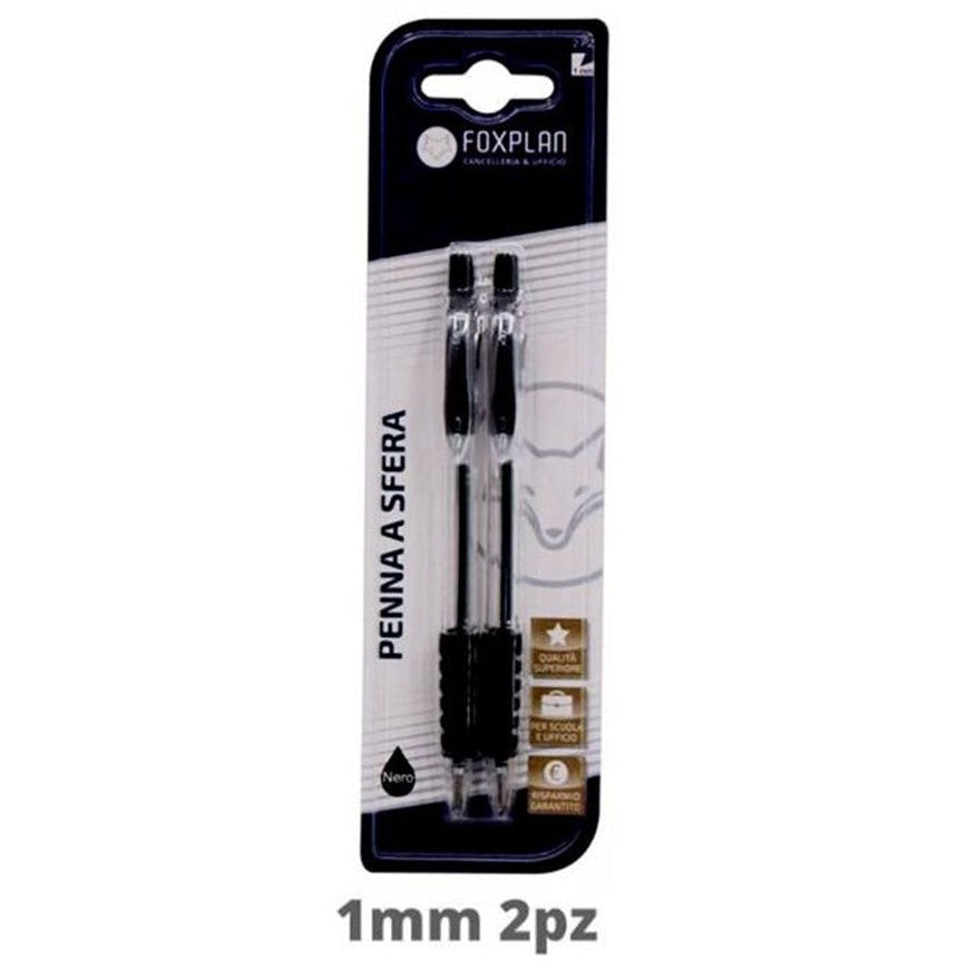 Blister pack of 2 Foxplan Transparent Black Ballpoint Pens (pack of 3 blister packs or box of 12 blister packs)