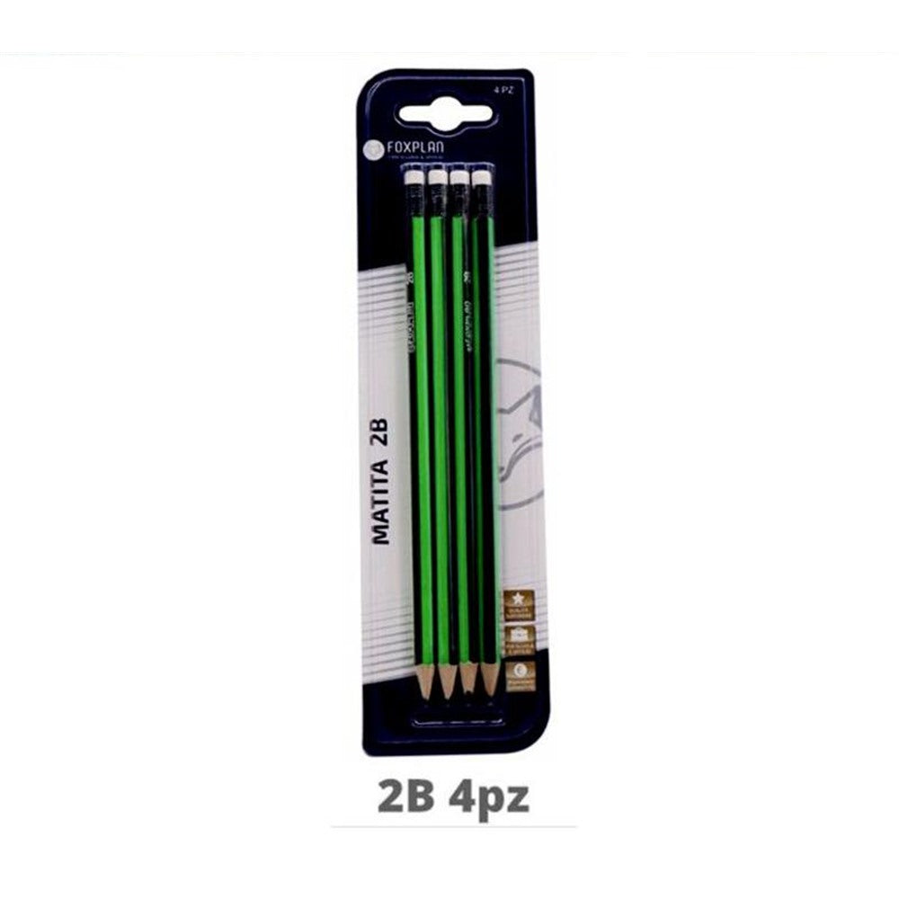 Blister pack of 4 Foxplan 2B pencils with eraser, 3-blister pack or box of 12 blister packs