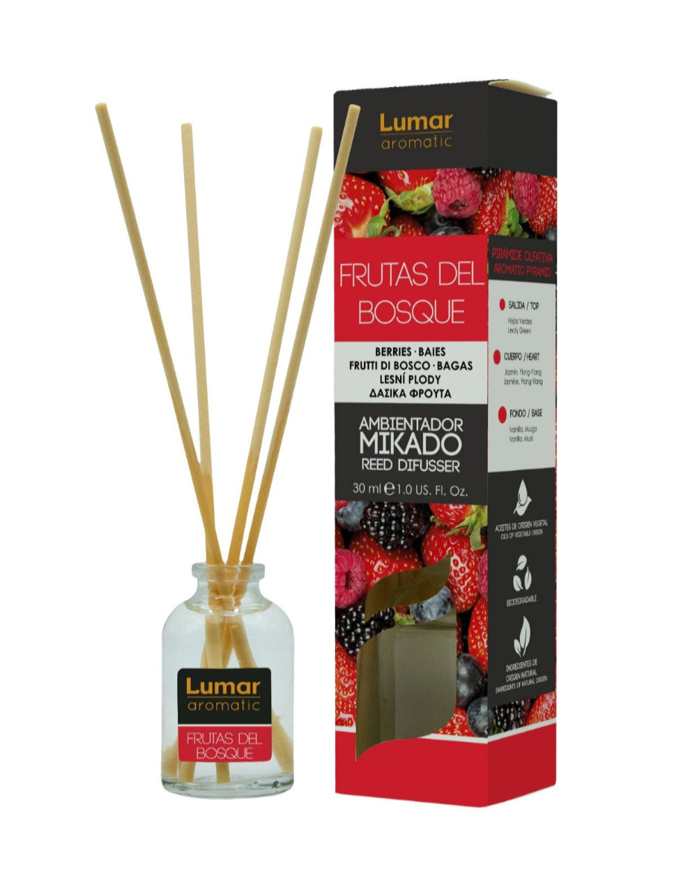 Difusor de varillas Mikado Lumar Aromatic Frutas de Bosque 30ml | 1ud / Pack 6ud / Caja original 12ud