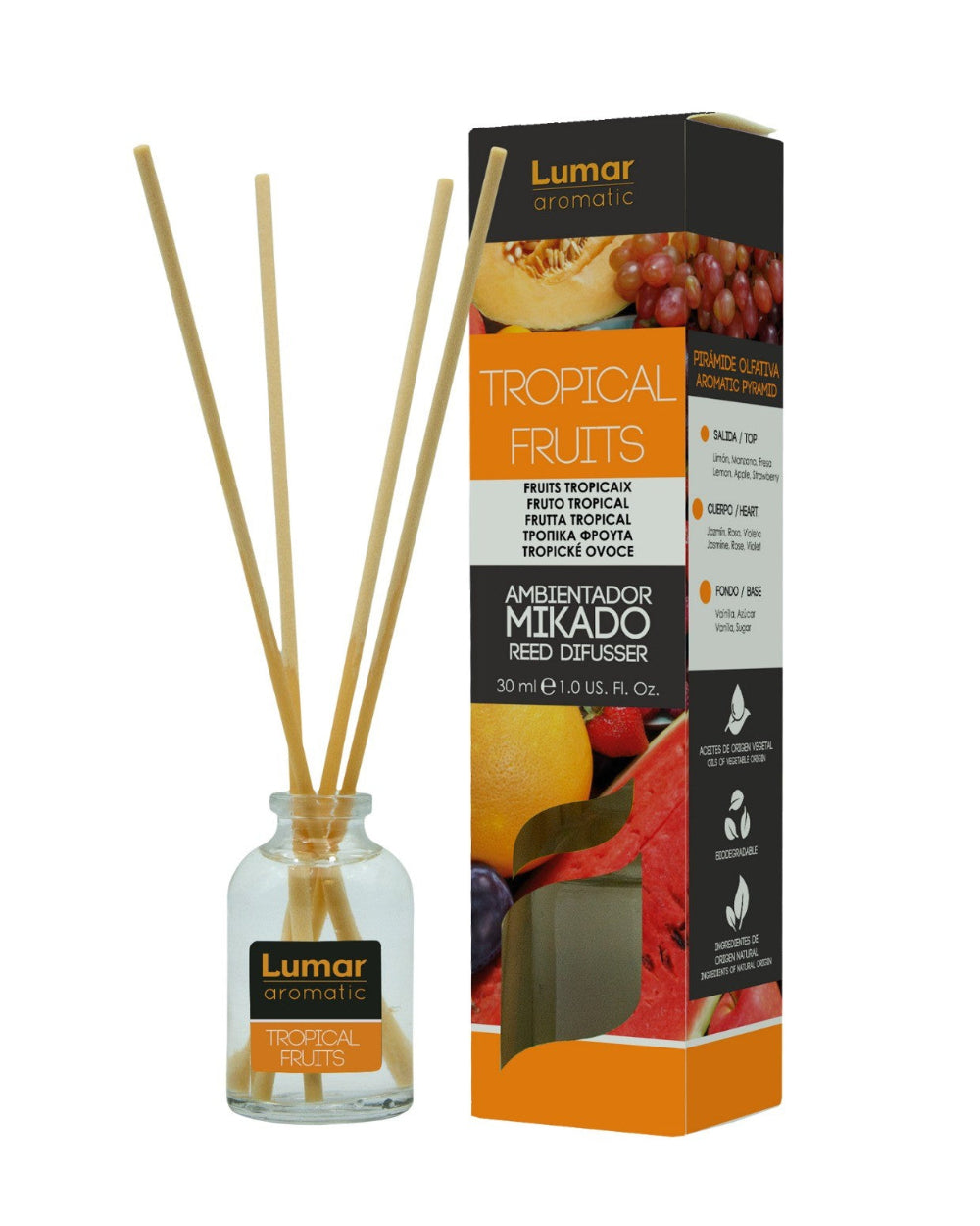 Difusor de varillas Mikado Lumar Aromatic Tropical Fruits 30ml | 1ud / Pack 6ud / Caja original 12ud