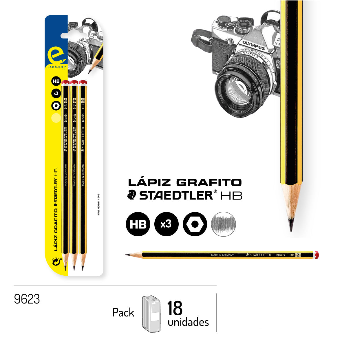 Blister pack with 3 HB hexagonal graphite pencils, pack of 3 units