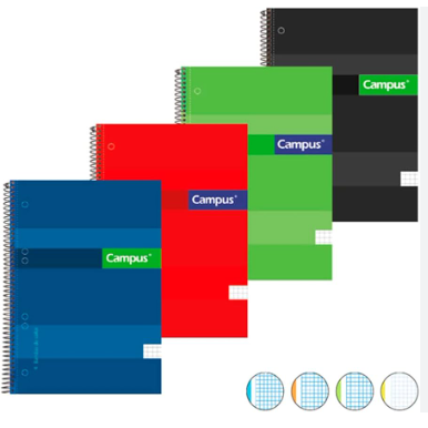 Cuaderno Campus A4 EspiralTapa Extradura 160 hojas,/70gr,banda Colores,CDLA 5MM,pack 4 uds