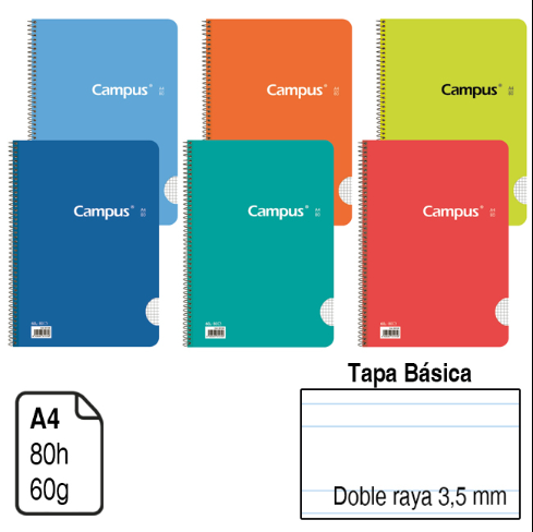 Cuaderno Campus A4 Espiral Tapa basica,2 raya 3.5mm,80 hpjas 60g,pack 6 uds