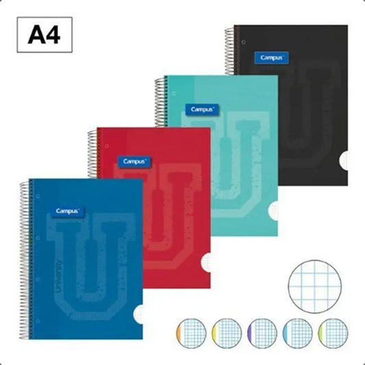 Campus A4 extra hardback notebooks, 5mm square, 120 sheets, 90gsm, with color band, pack of 4 units