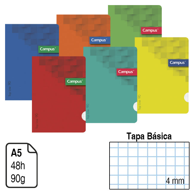 Cuaderno Campus A5 Tapa grapada cuadriculado 4x4mm Colores Surtidos,pack de 6 uds