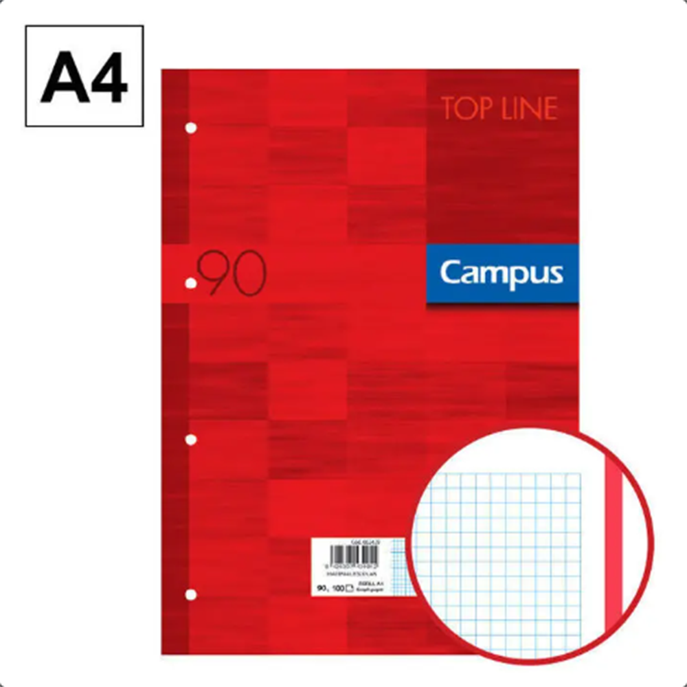 Recambio Campus A4 CN5MM,4 Taladros,100 hojas, 90gr con banda de color rojo