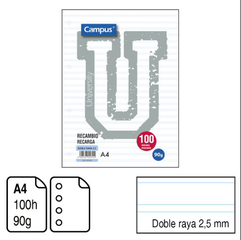 CAMPUS REFILL A4 100 SHEETS 90GSM 4-HOLE 2.5MM DOT