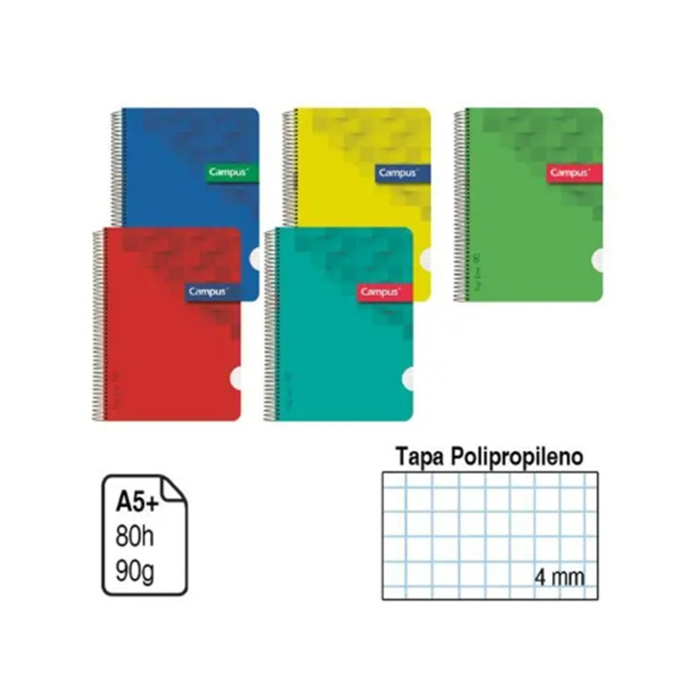 CAMPUS BLOC A5 CUADRO 4MM 80HOJAS TAPA POLIPROPILENO 90GR CN4MM PACK DE 5COLORES