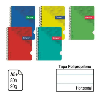 CAMPUS BLOC A5+ 1 RAYA 80HOJAS TAPA PP 90GR HN PACK DE 5 COLORES