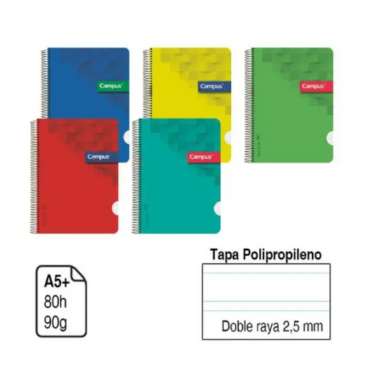 CAMPUS BLOC A5+ 2 LINES 2.5MM POLYPROPYLENE COVER 90GSM DP2.5MM, pack of 5 units