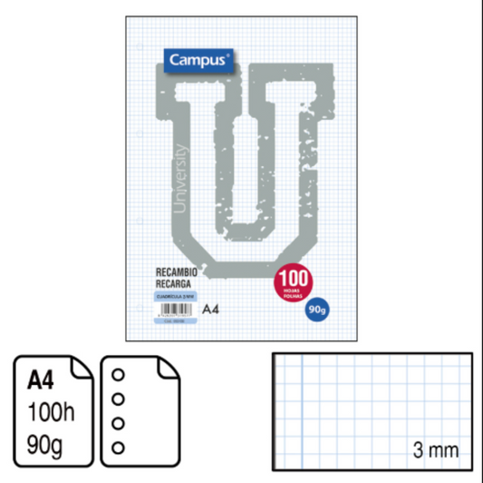 Campus Refill. Size: A4. 100 Sheets. 90 gsm. 4 Holes. 3 mm Grid ruling. No colored band.