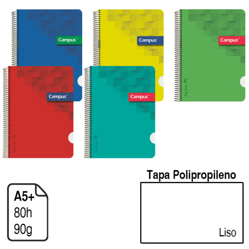 Campus A5+ Plain Notebooks, Polypropylene Cover, Assorted Colors, 80 sheets 90gsm, pack of 5 units