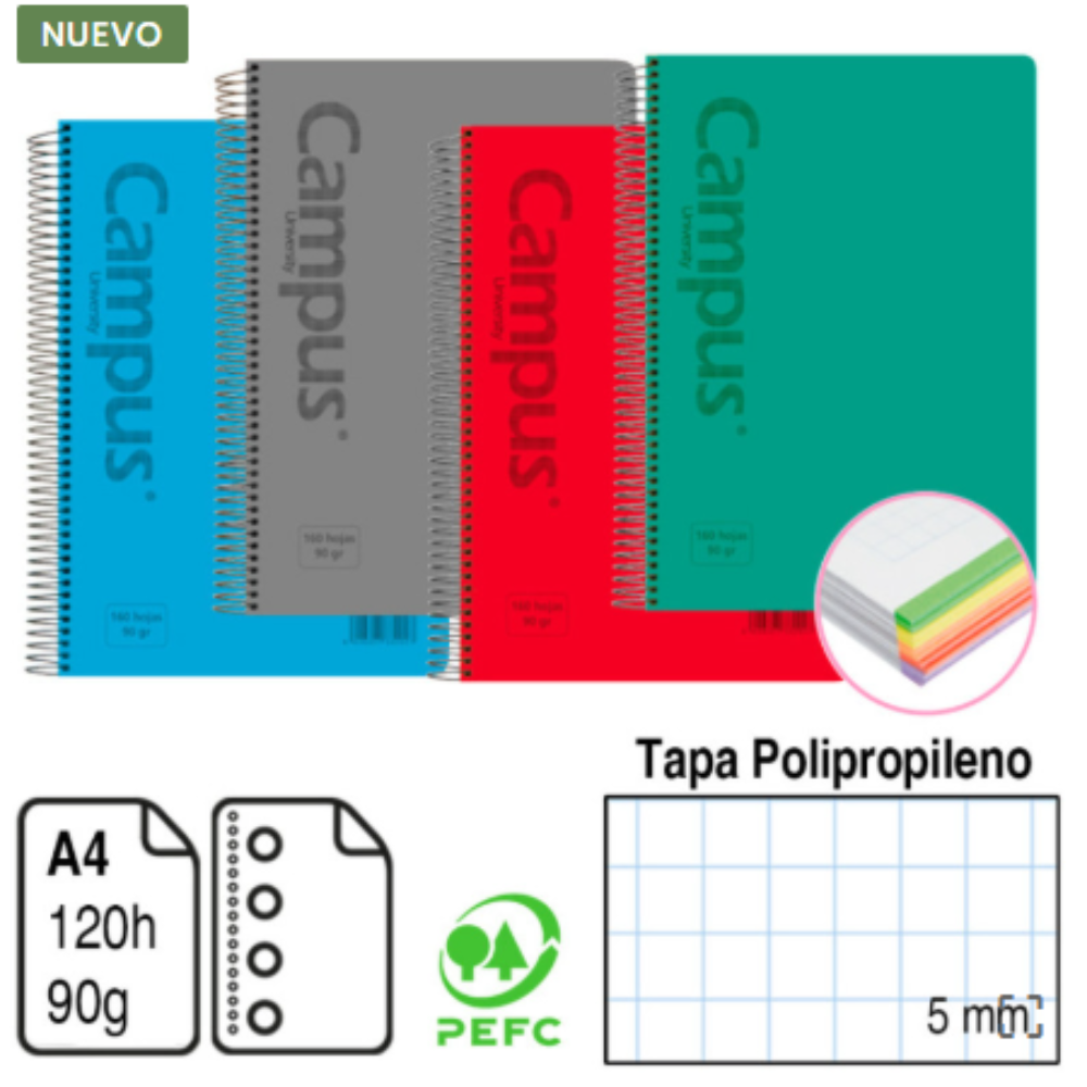 A4 Spiral Notebook, Micro-perforated 5x5mm square, polypropylene cover, 120 sheets, 90gsm