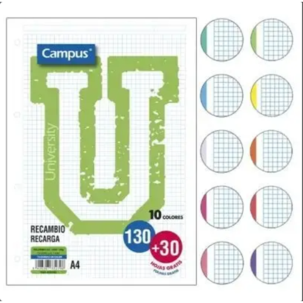 Campus Quad Ruled Refill Pad 130+30 sheets with 10 vibrant colored bands, pack of 5 units
