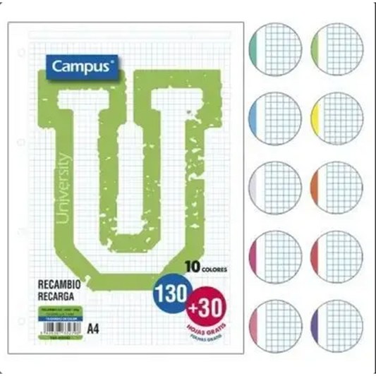 Campus Quad Ruled Refill Pad 130+30 sheets with 10 vibrant colored bands, pack of 5 units