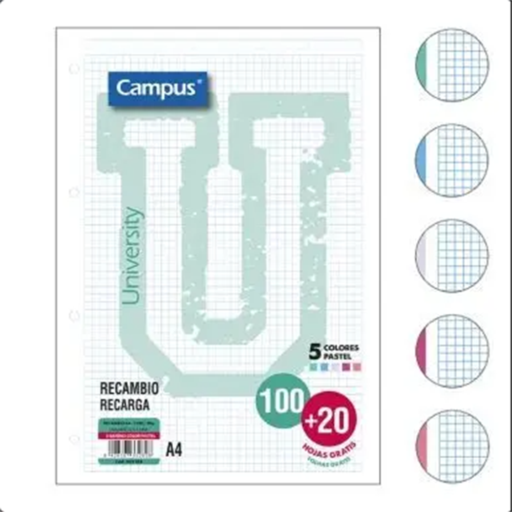 CAMPUS REFILL A4 100+20 SHEETS. 4 HOLES. 5 MM GRID. 90 G. 5 PASTEL COLOR BANDS.