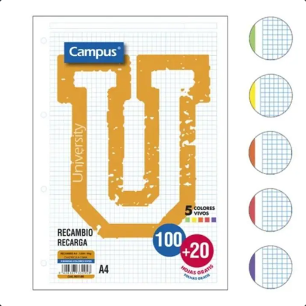 Recambio Campus A4 con banda de 5 color 100+20 hojas,pack de 5 paquetes