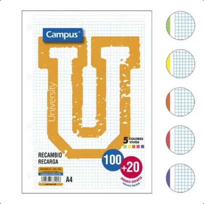 Recambio Campus A4 con banda de 5 color 100+20 hojas,pack de 5 paquetes