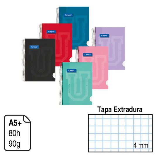 Campus A5+ Extra-Hardcover Notebook, 80 sheets, 90gsm, 4mm square, pack of 6
