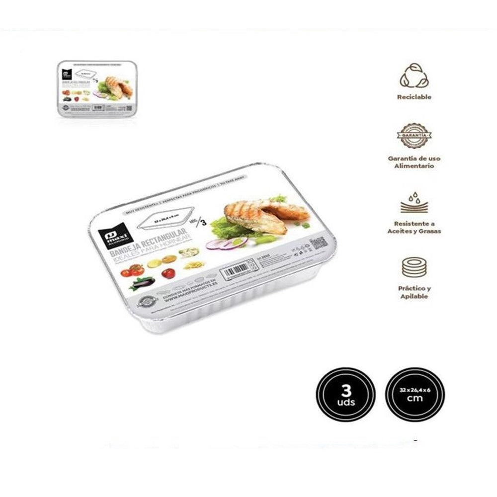 Set 3 Bandejas de Aluminio Rectangulares con tapa de carton ,32x26.4x6cm