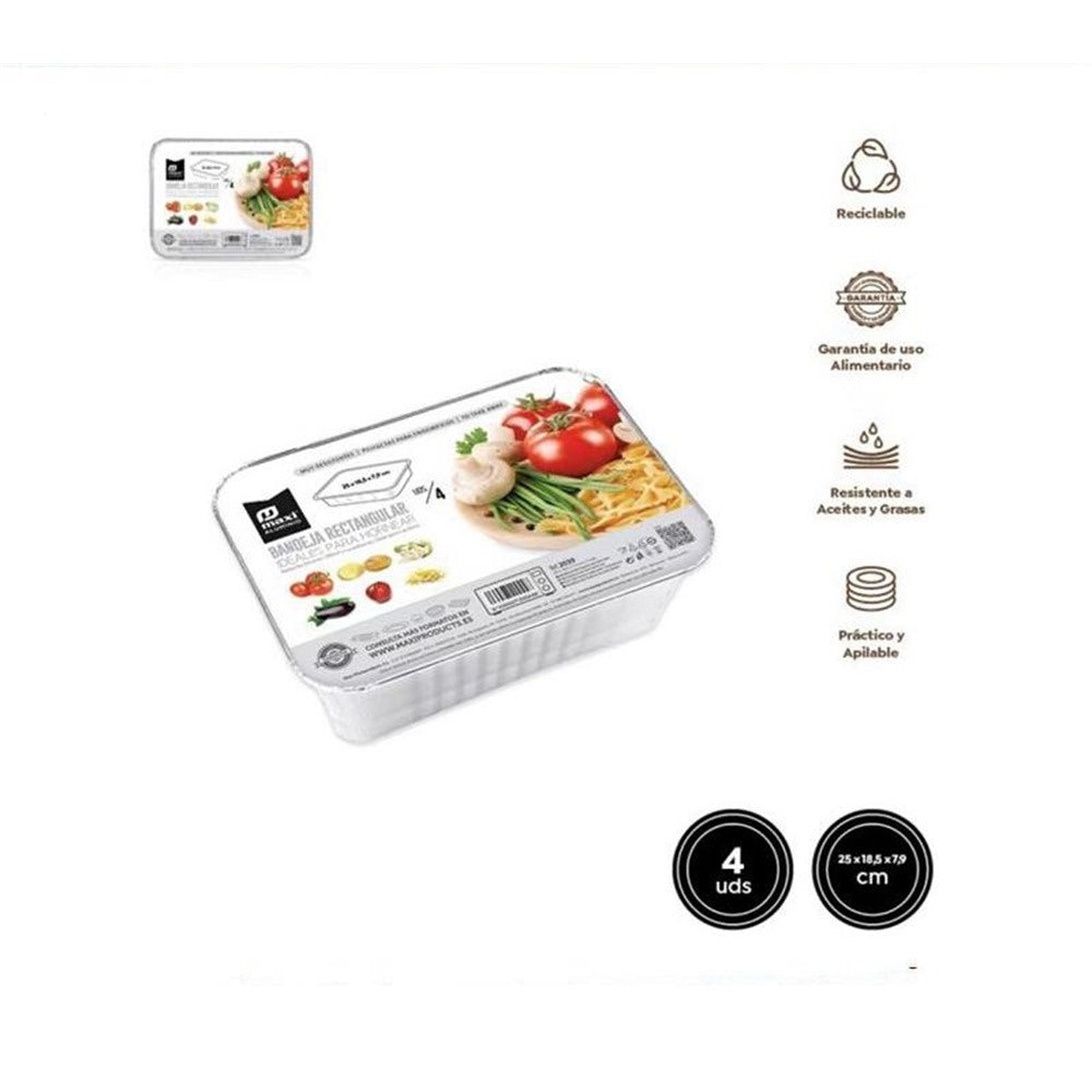 Set 4 Bandejas de Aluminio Rectangulares Profundas con tapa de carton ,25x18.5x7.9cm