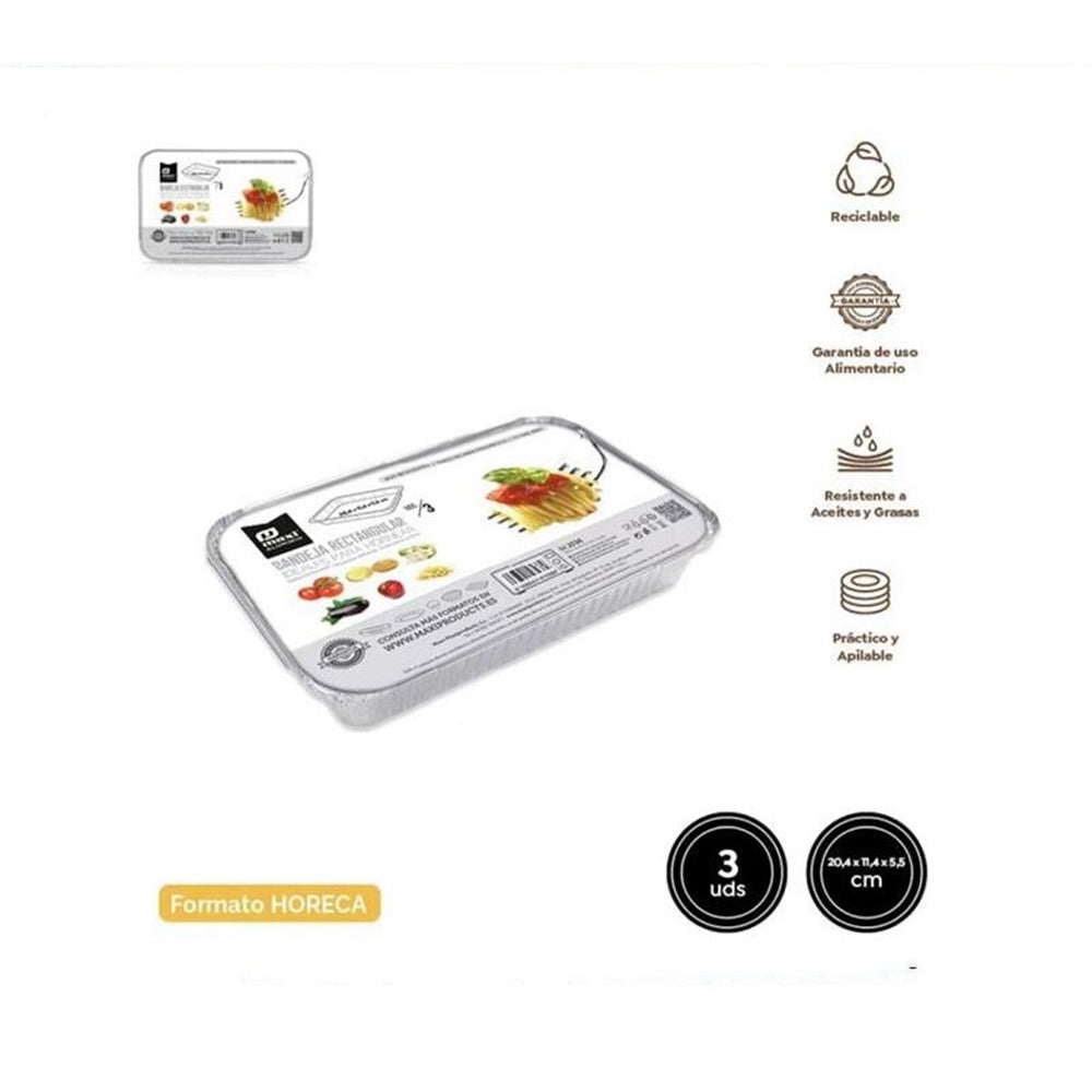 Set 3 Bandejas de Aluminio Rectangulares con tapa de carton,(lote de 5 pack)