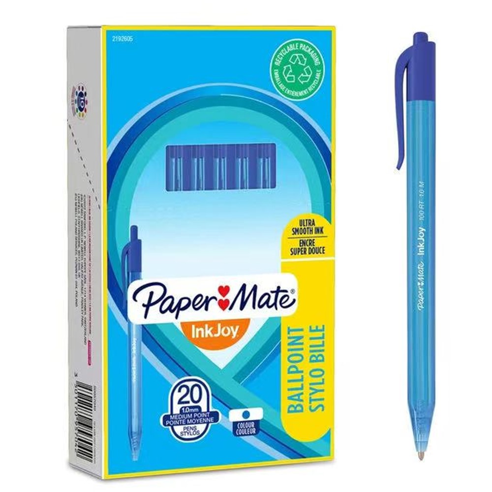 Bolígrafo Retráctil Paper Mate InkJoy 100 Punta Media Azul,(caja de 12 uds)
