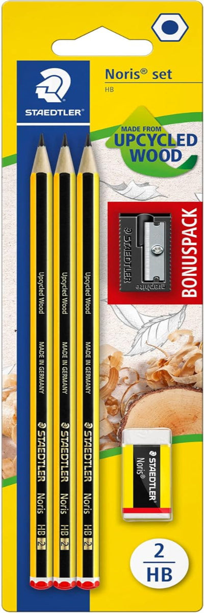 Blister set with 3 STAEDTLER Noris 120 pencils -HB, 1 eraser & 1 sharpener.
