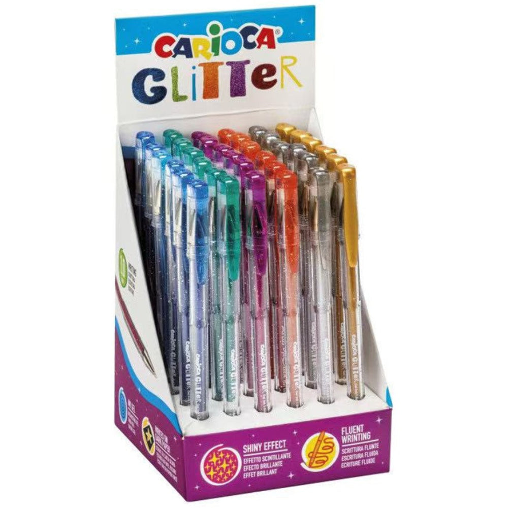 Display of 36 Carioca Glitter Gel Pens.