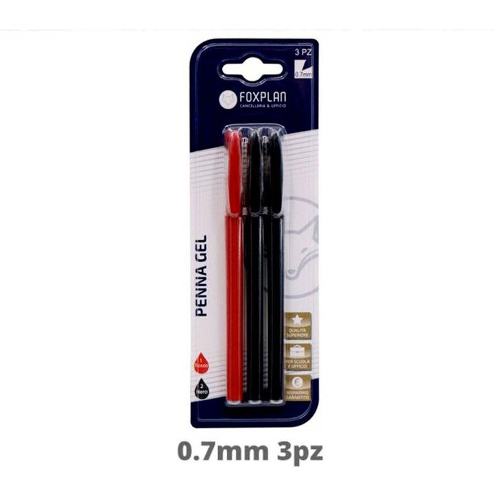 Blister pack of 3 Foxplan Red and Black Gel Pens, (pack of 3 blister packs or box of 12 blister packs)