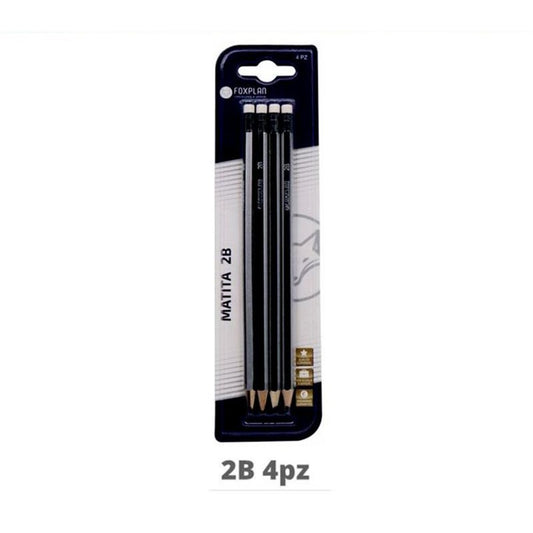 Blister of 4 Foxplan 2B Pencils with Eraser, pack of 3 blisters or box of 12 blisters