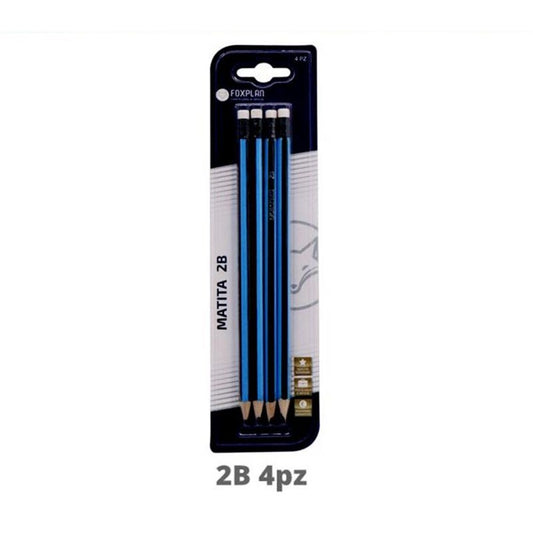 Blister pack of 4 Foxplan 2B Pencils with Eraser, pack of 3 blister packs or box of 12 blister packs