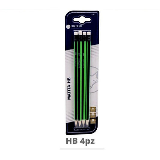 Blister pack of 4 Foxplan HB pencils with eraser, 3 blister packs or box of 12 blister packs