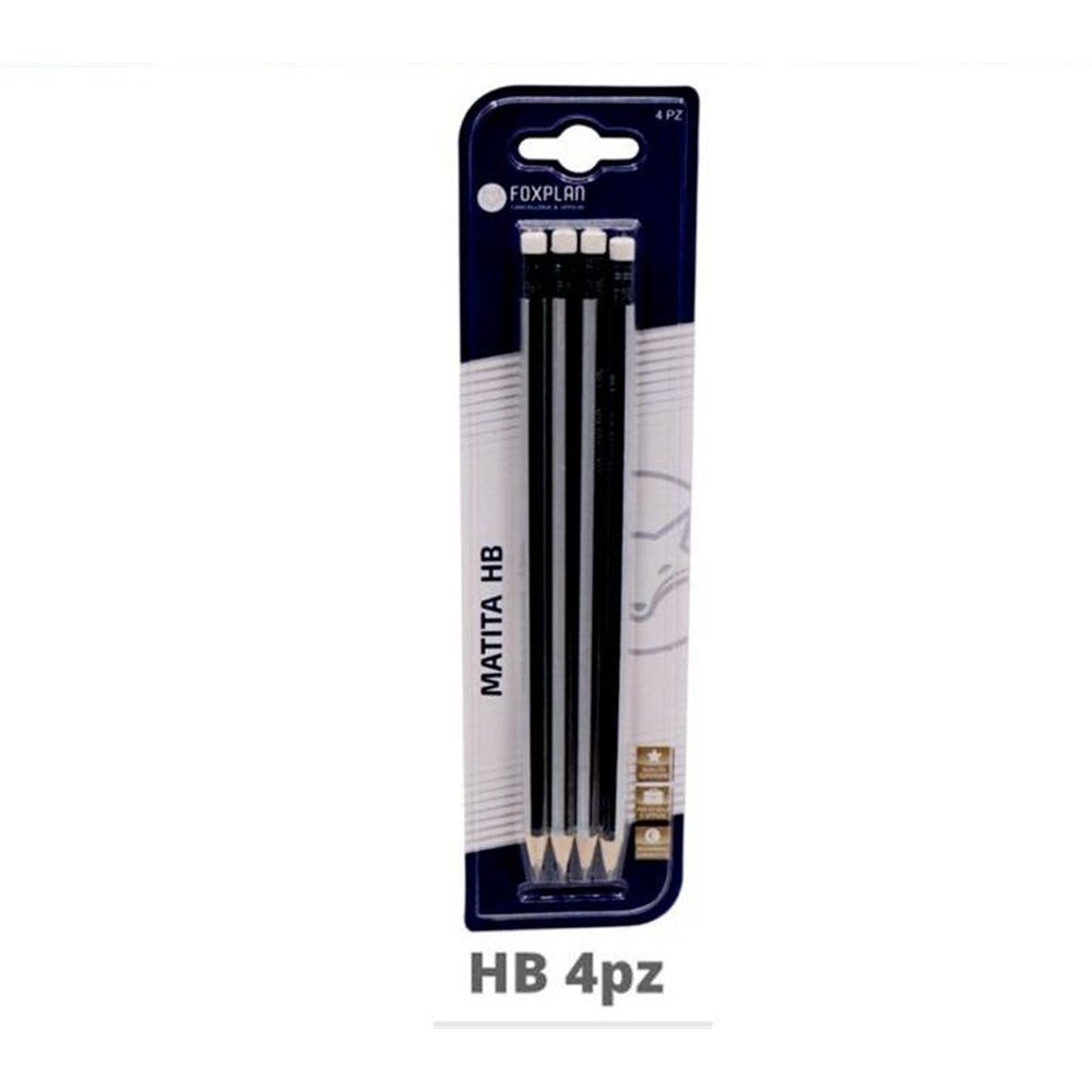 Blister pack of 4 Foxplan HB Black pencils with eraser, pack of 3 blister packs or box of 12 blister packs