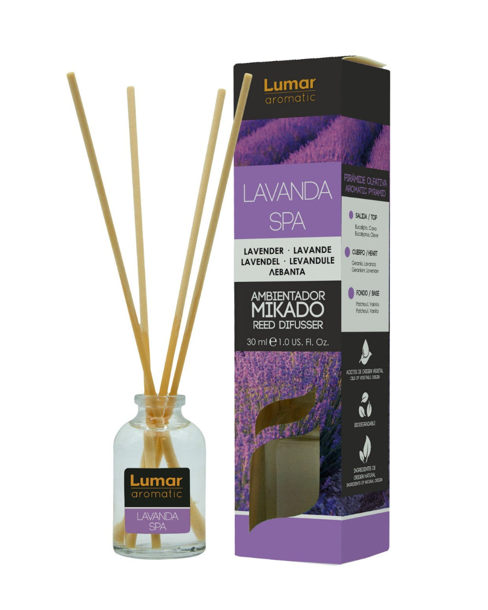 Difusor de varillas Mikado Lumar Aromatic Lavanda SPA 30ml | 1ud / Pack 6ud / Caja original 12ud