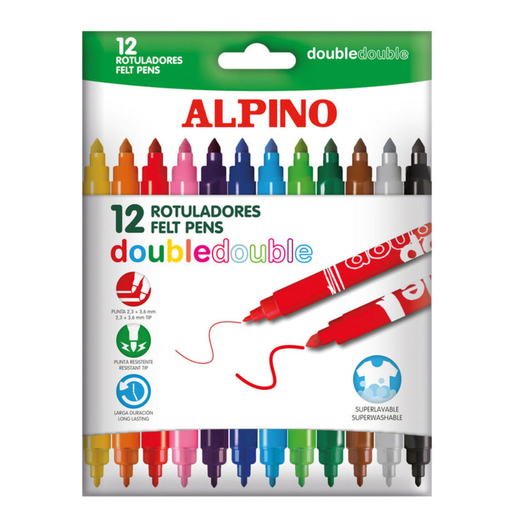 Set of 12 dual-tip markers, fine and broad, with non-toxic super washable ink.
